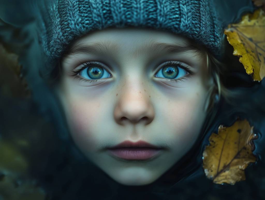 Primer plano de un niño con gorro y ojos claros