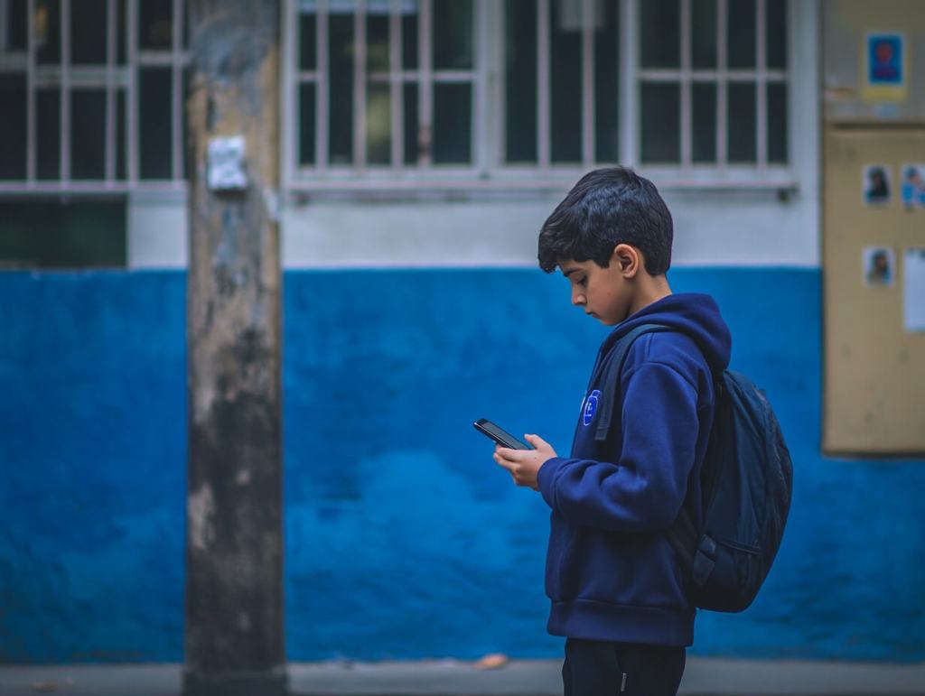 Un menor mira el teléfono móvil en el patio del colegio