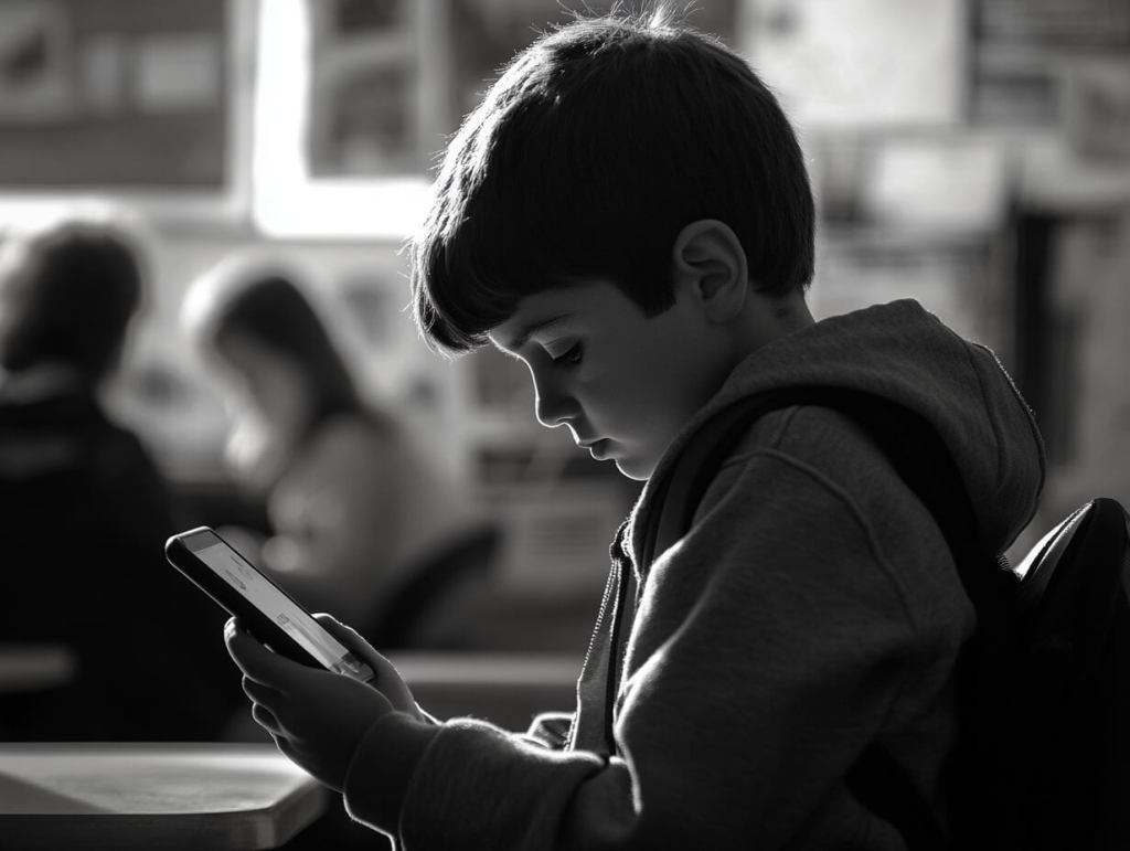 Un niño, con el móvil en clase