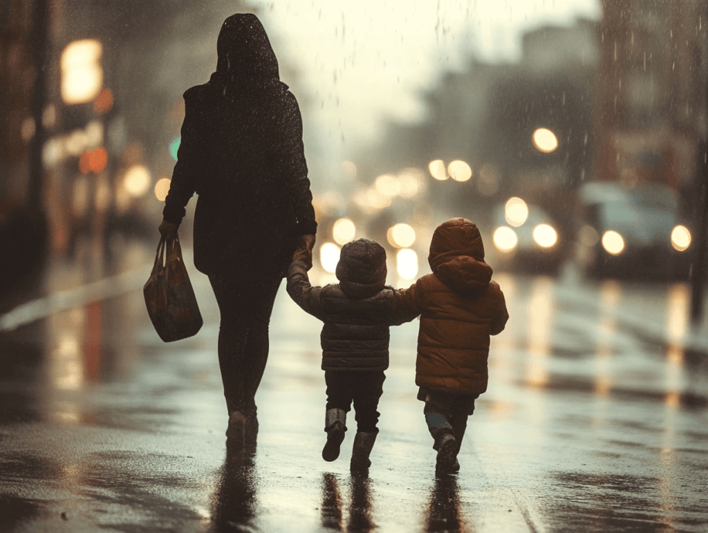 Una madre pasea de la mano con sus hijos en un día lluvioso