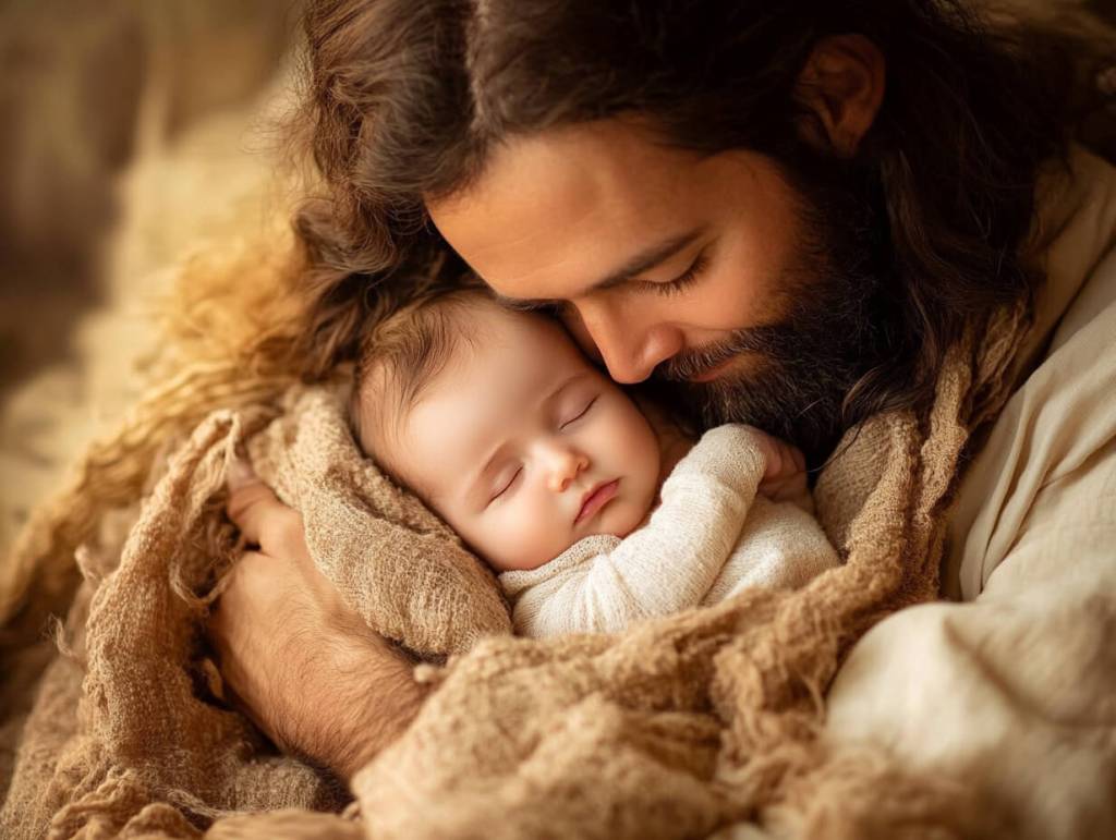 Un padre abraza y protege a su hijo