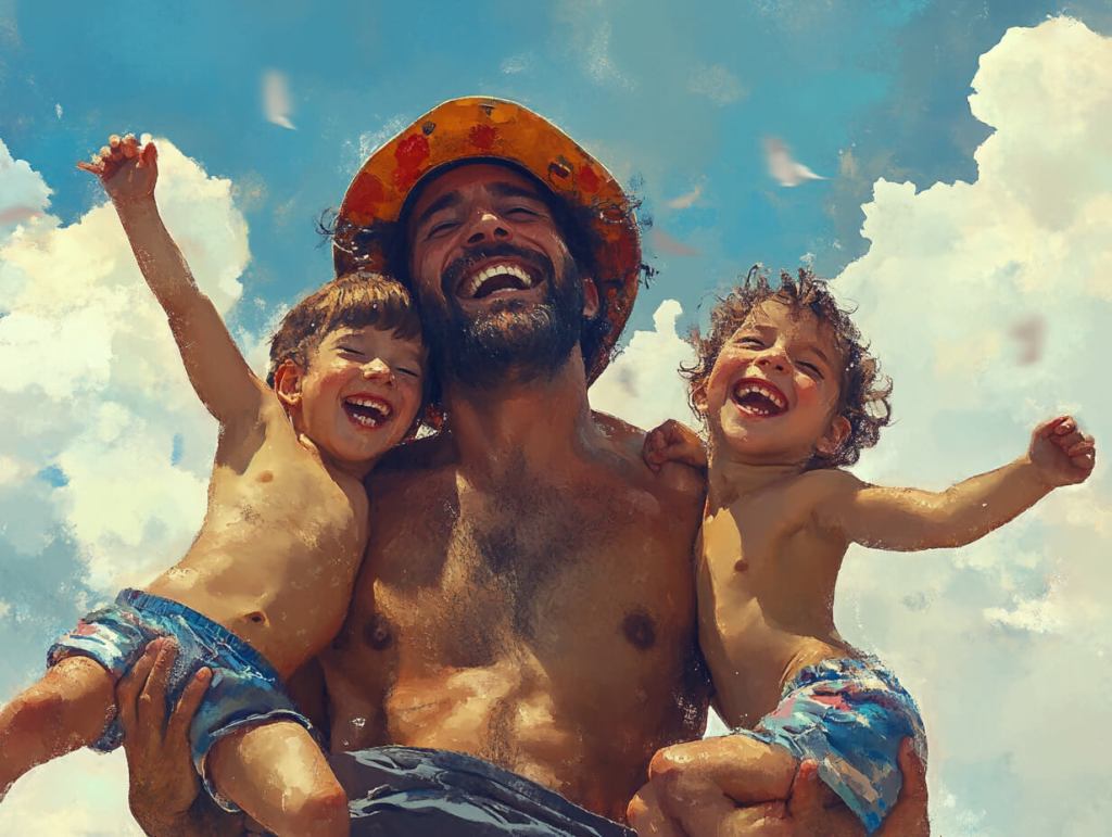 Un padre y sus hijos, felices en verano