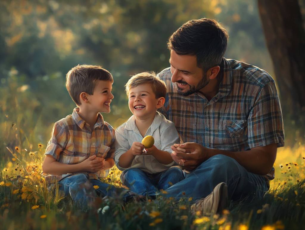 Un padre y sus dos hijos disfrutan del campo