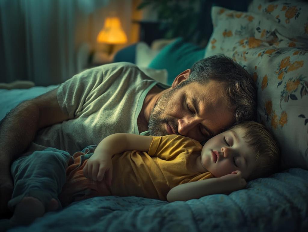 Un padre, agotado, duerme junto a su hijo
