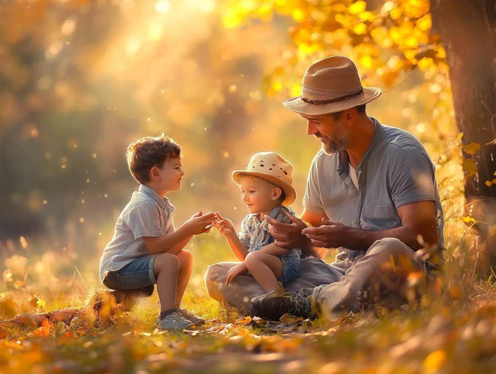 Un padre con sus dos hijos en el campo