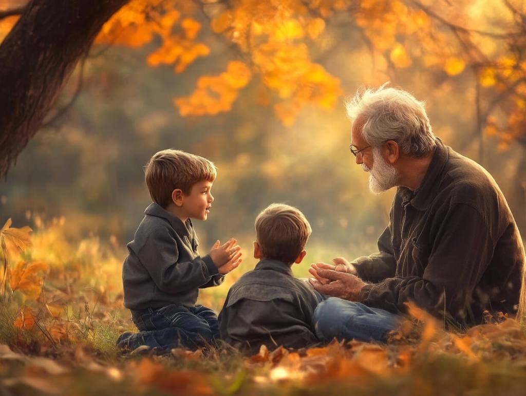 Un padre mayor juega con sus hijos