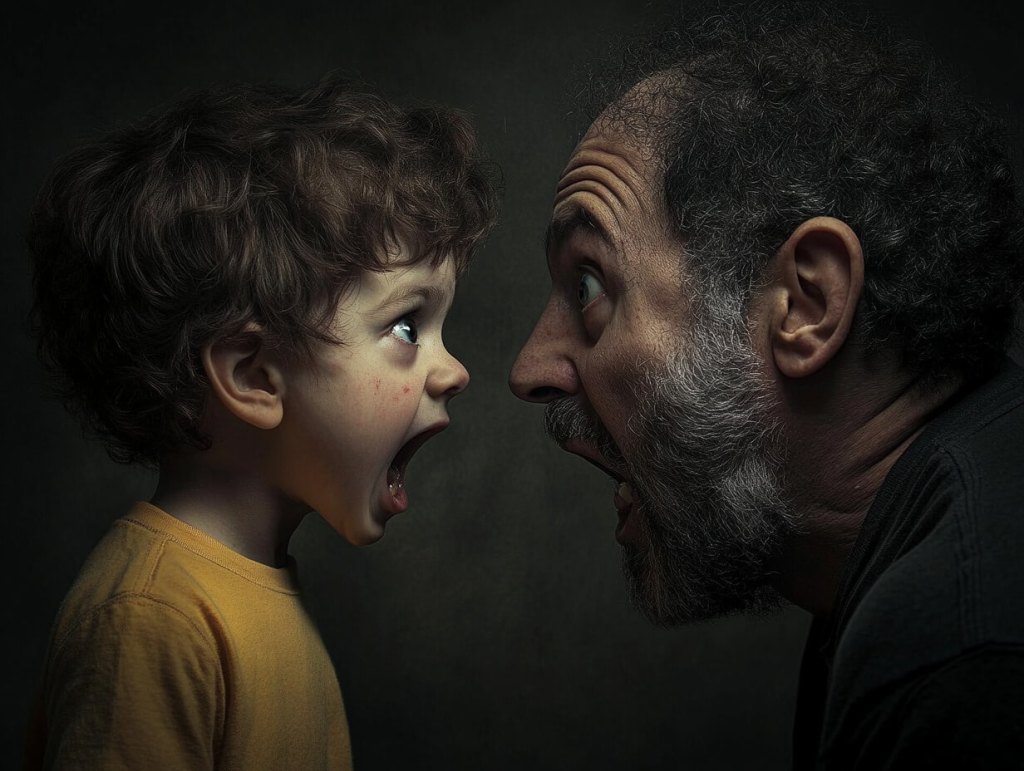 Un padre grita a su hijo, que hace lo propio