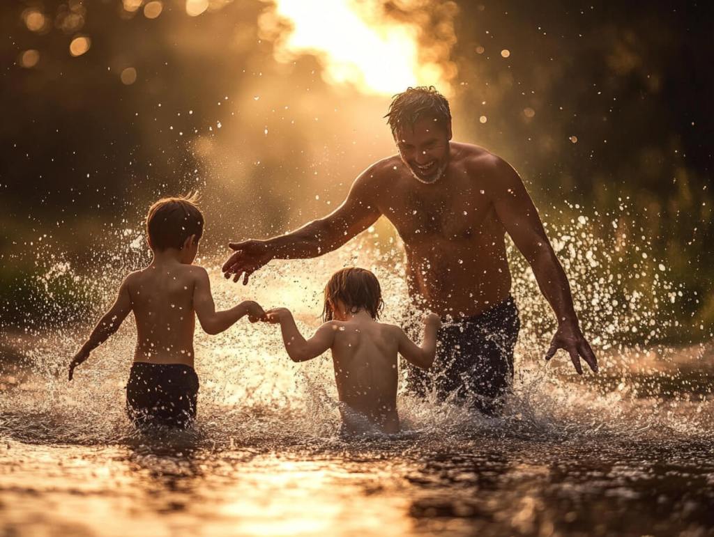 Un padre juega con sus hijos en el agua