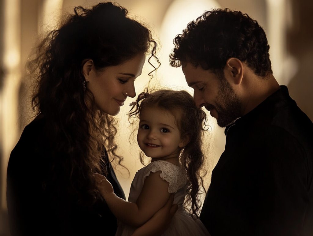 Unos padres hablan con su hija pequeña mientras sonríe