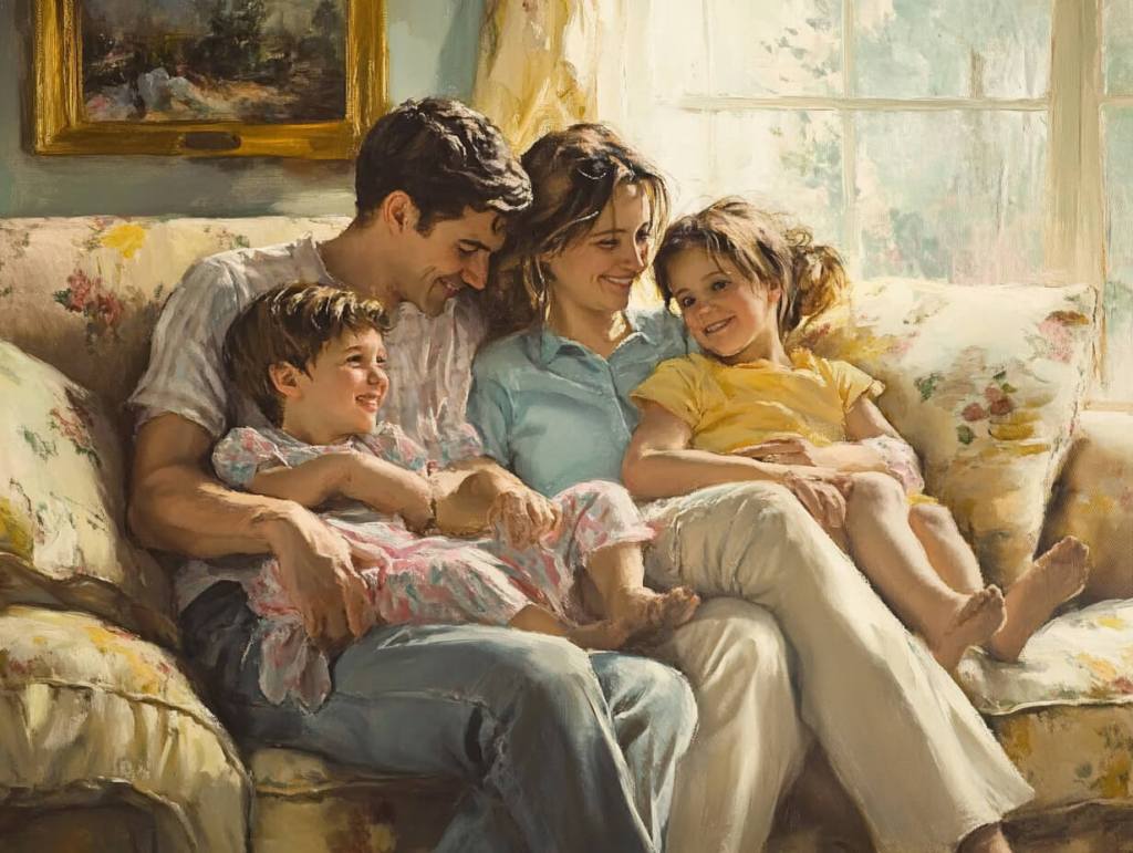 Una familia feliz en el sofá de casa