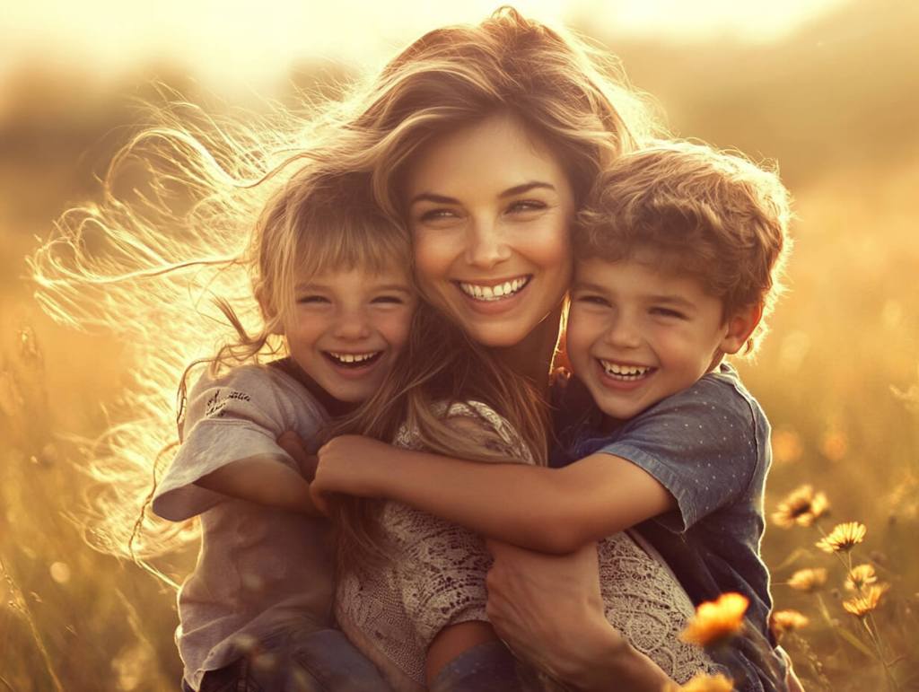Una madre feliz con sus dos hijos
