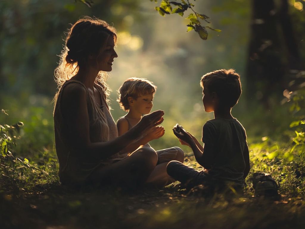 Una madre juega en calma con sus dos hijos