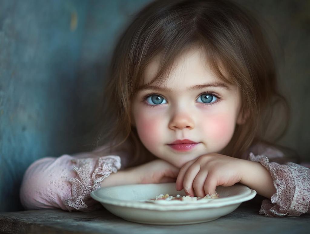 Una niña terminando de comer
