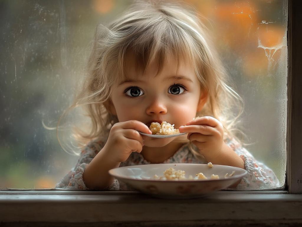Una niña pequeña comiendo sola