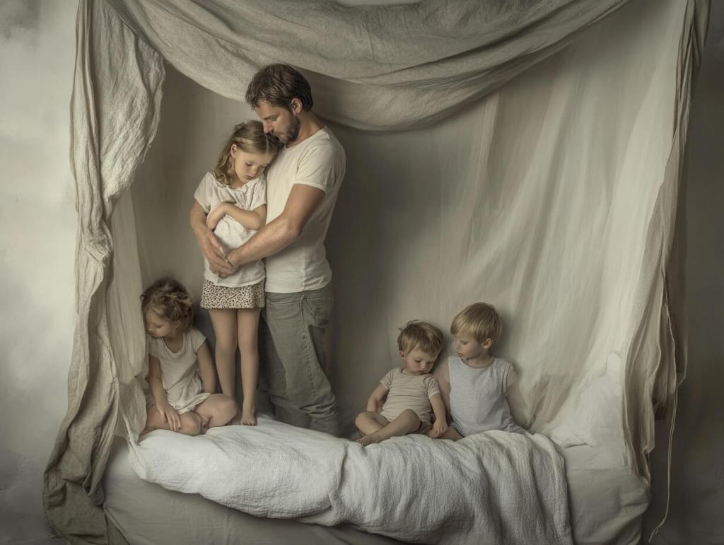 Un padre con sus hijos encima de la cama