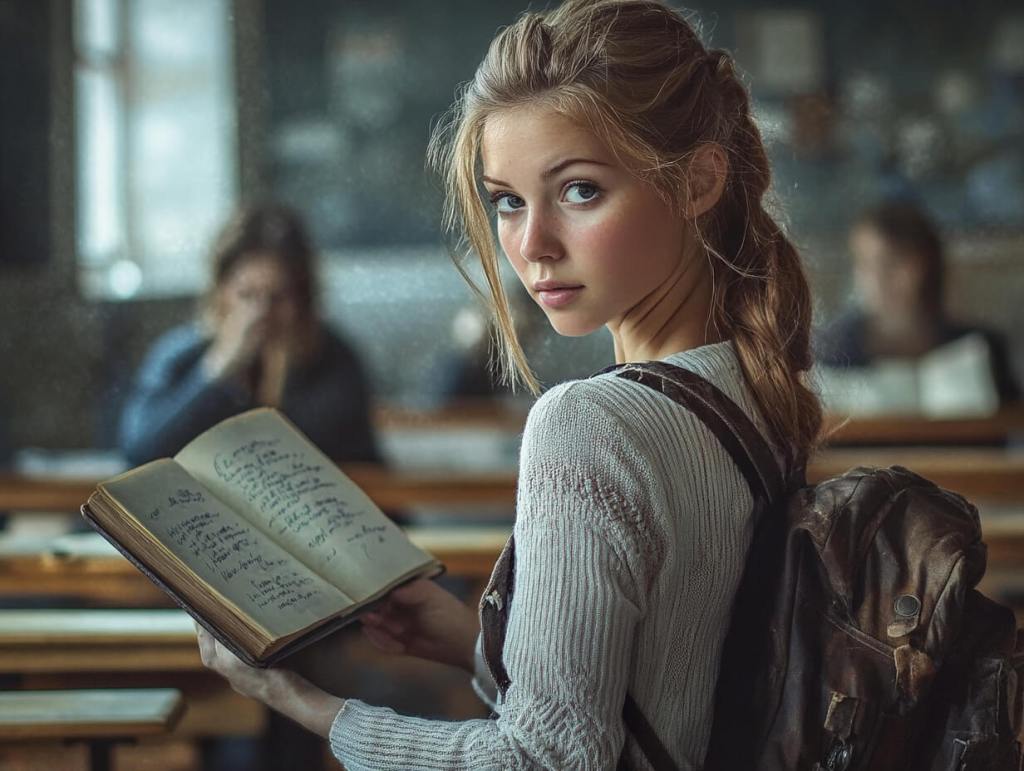 Una alumna en clase, esperando a que llegue el profesor