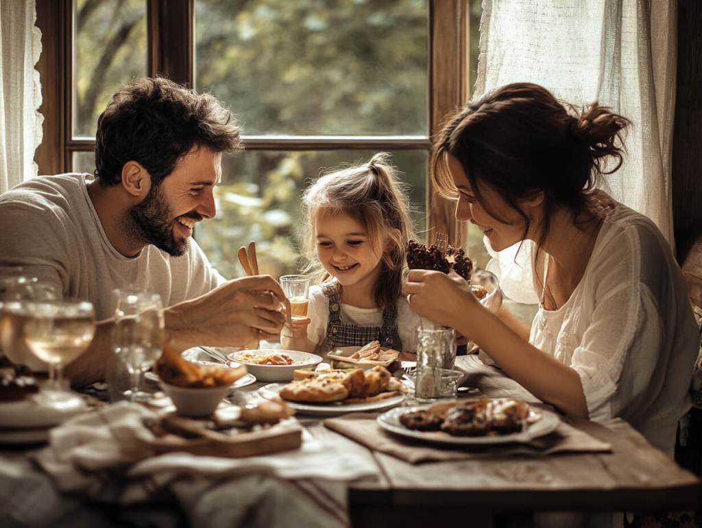 Familia comparte comida sin pantallas