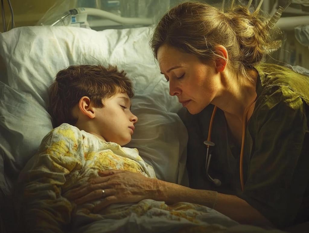 Madre cuida niño en el hospital