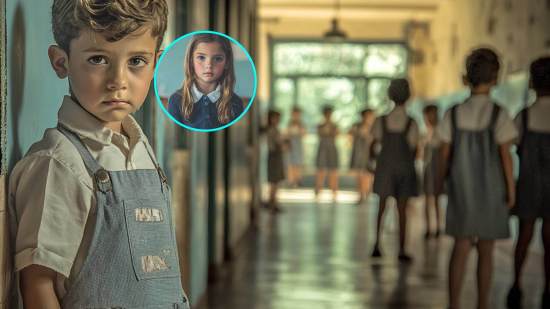 Pasillos de un colegio. En detalle, una niña en clase