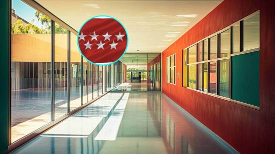 Pasillos de un colegio. En detalle, la bandera de la Comunidad de Madrid