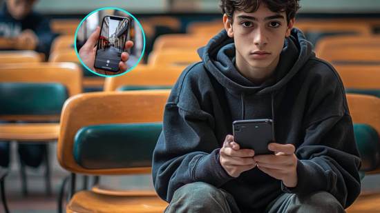 Un adolescente con el móvil en clase