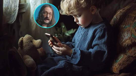 Un niño pequeño con un teléfono móvil. En la imagen de detalle, Alberto Soler.