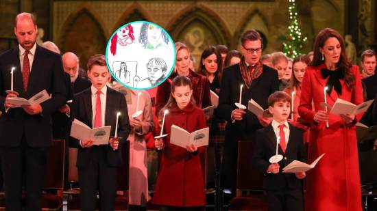 Los príncipes de Gales con sus tres hijos en un concierto de Navidad. En la imagen de detalle, los retratos familiares firmados por los pequeños y su madre.