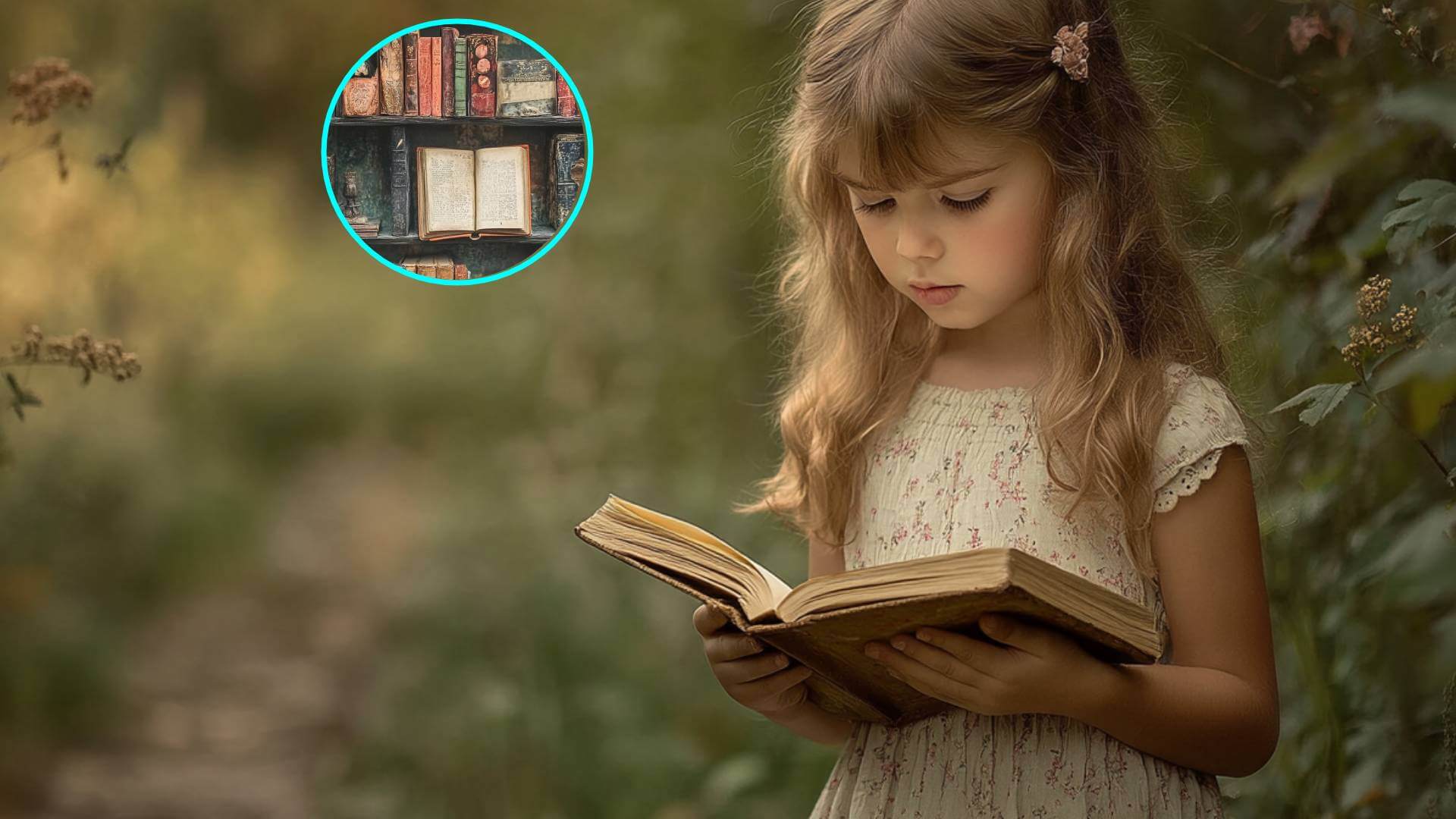 Una niña leyendo un cuento al aire libre. En detalle, una biblioteca