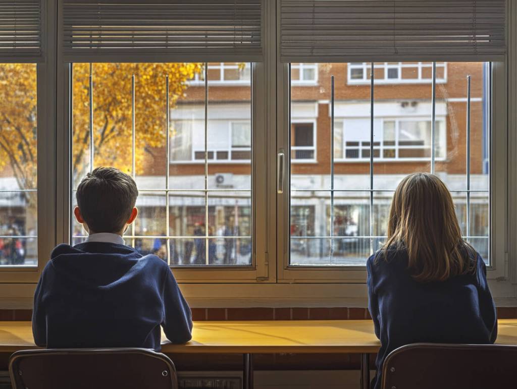 Dos niños estudiando en la biblioteca de su colegio