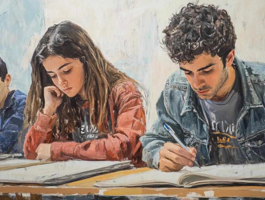 Dos estudiantes concentrados en sus apuntes