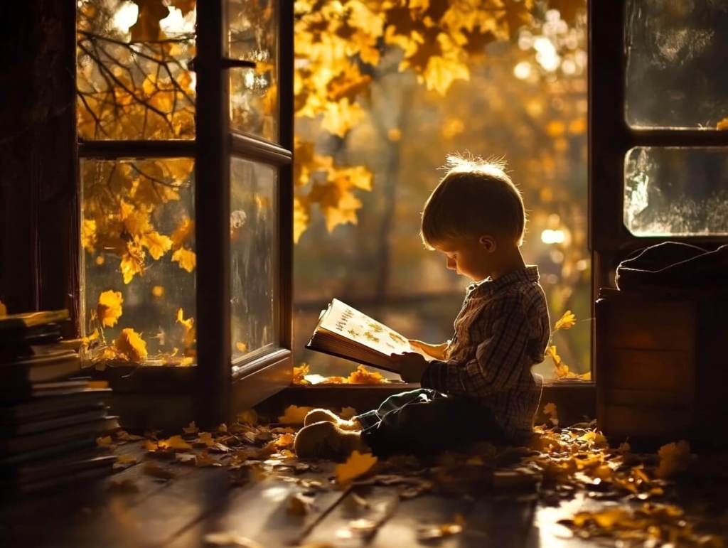 Un niño mira un libro