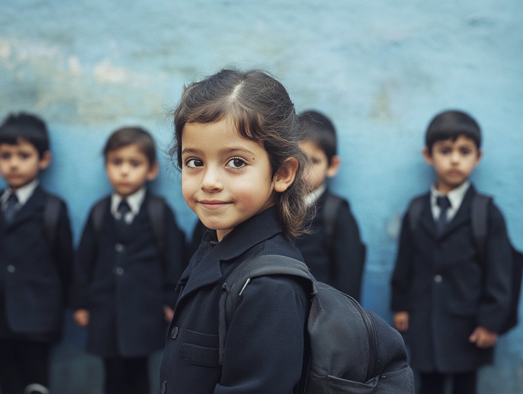 Una niña con uniforme y sus compañeros de colegio