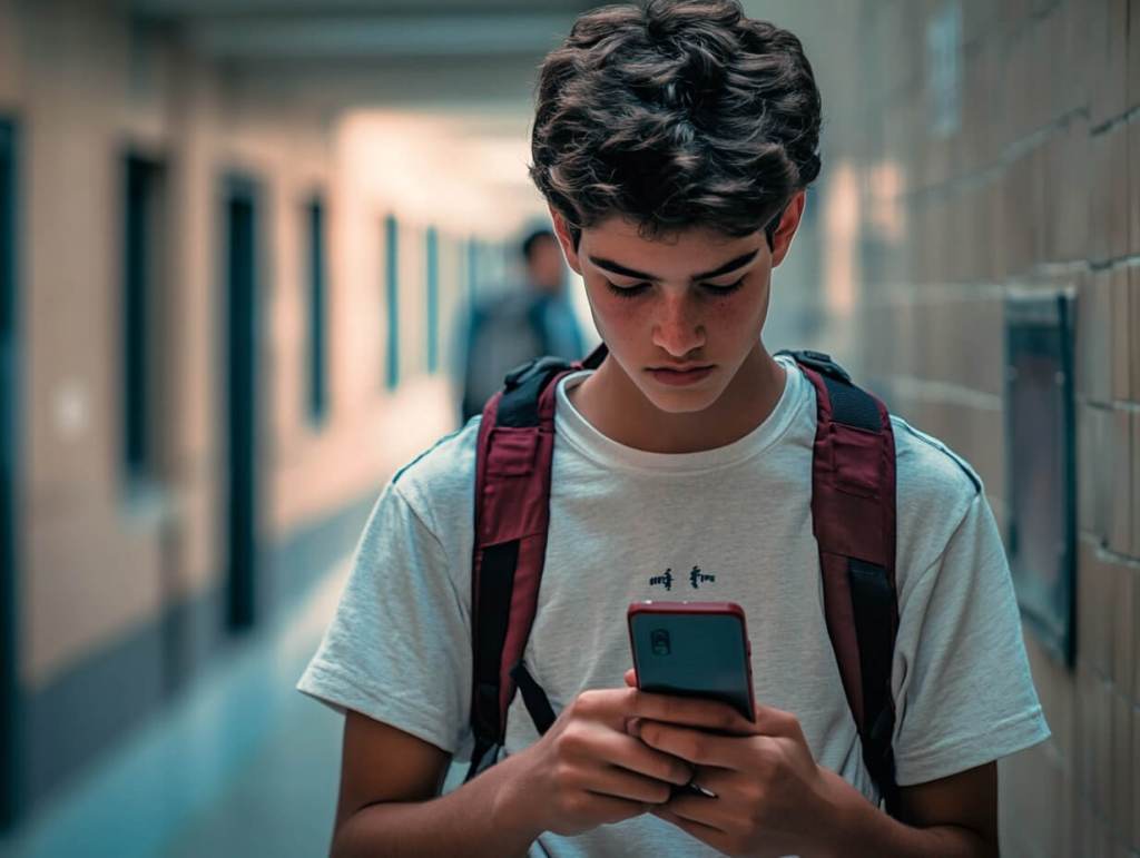 Un adolescente con su móvil en el instituto