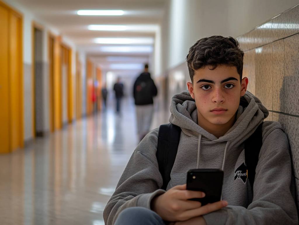 Un joven estudiante sostiene el móvil en un descanso entre clases