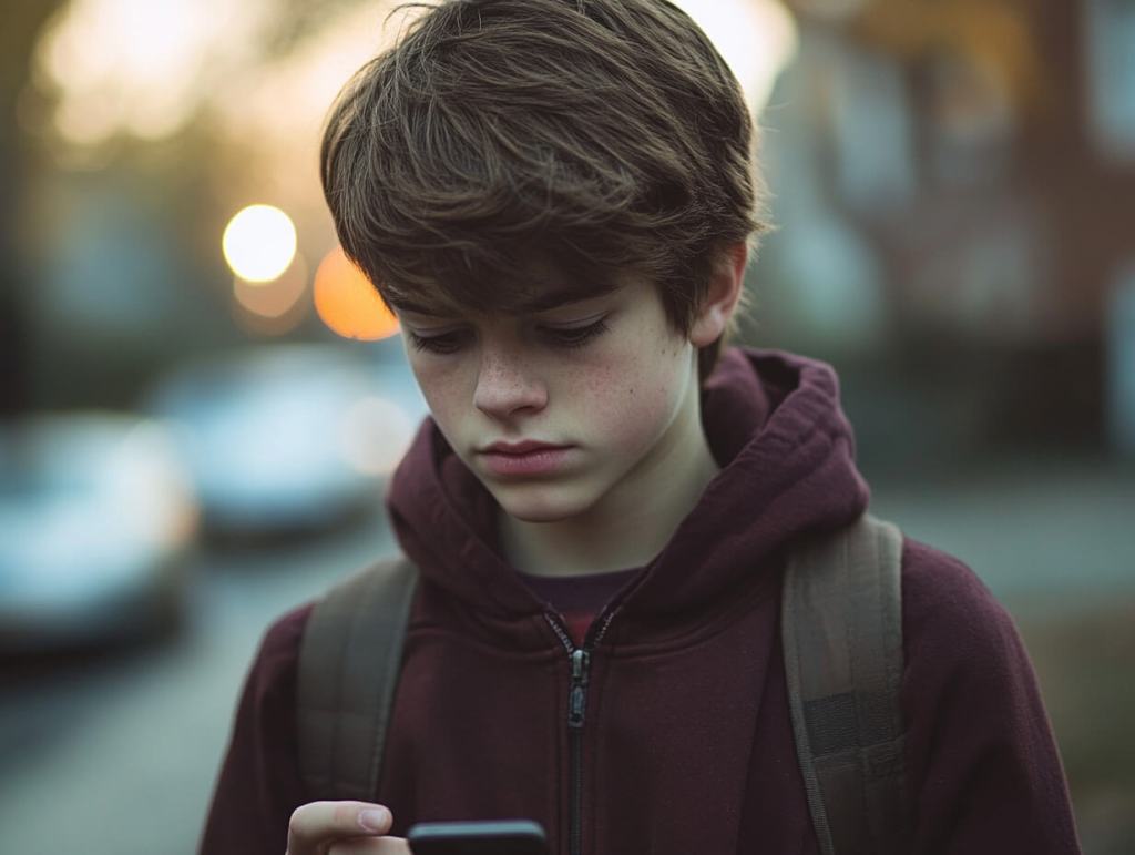Un niño camino del instituto con el móvil
