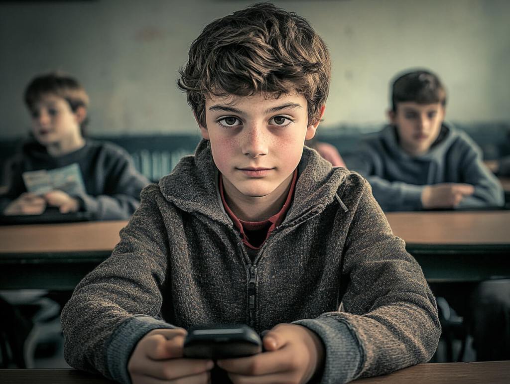 Un niño sostiene el móvil en sus manos durante una clase