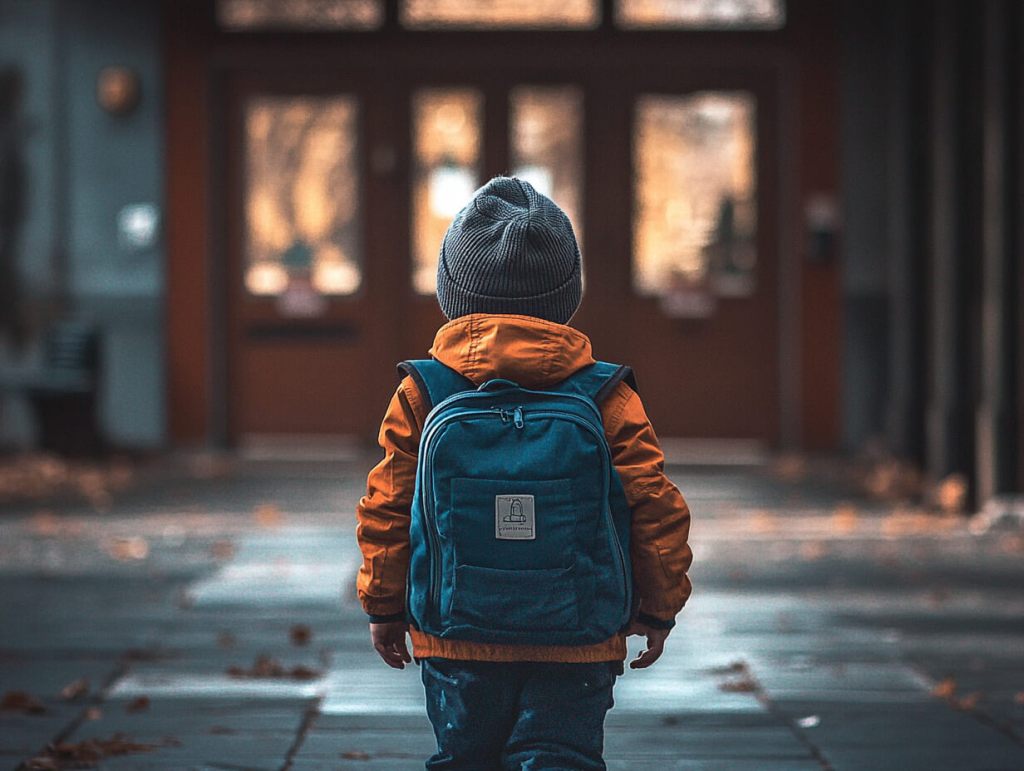 Un niño en la puerta del colegio
