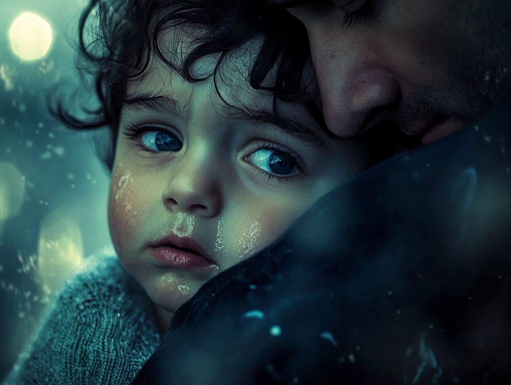 Un niño con rostro de estar sufriendo se refugia en su padre