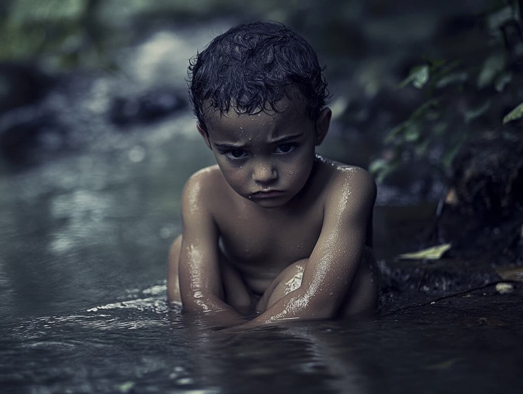 Un niño dentro del agua con gesto triste