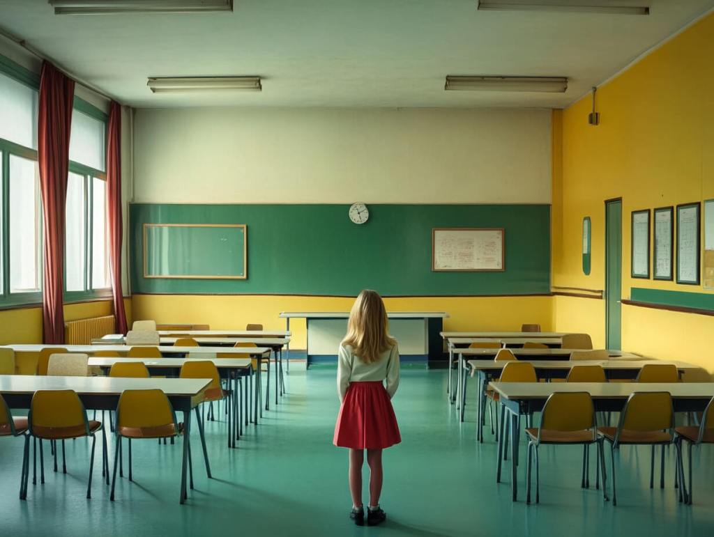 Una niña sola en clase, esperando a que lleguen sus compañeros