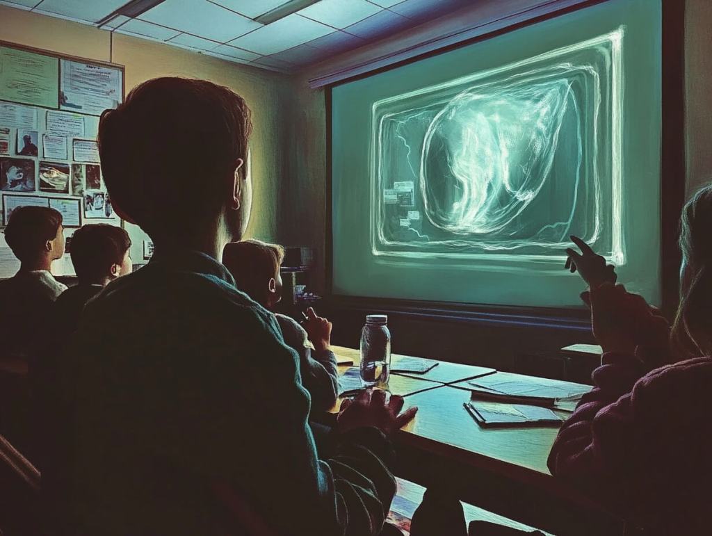 Una clase mirando una aplicación tecnológica en la pantalla