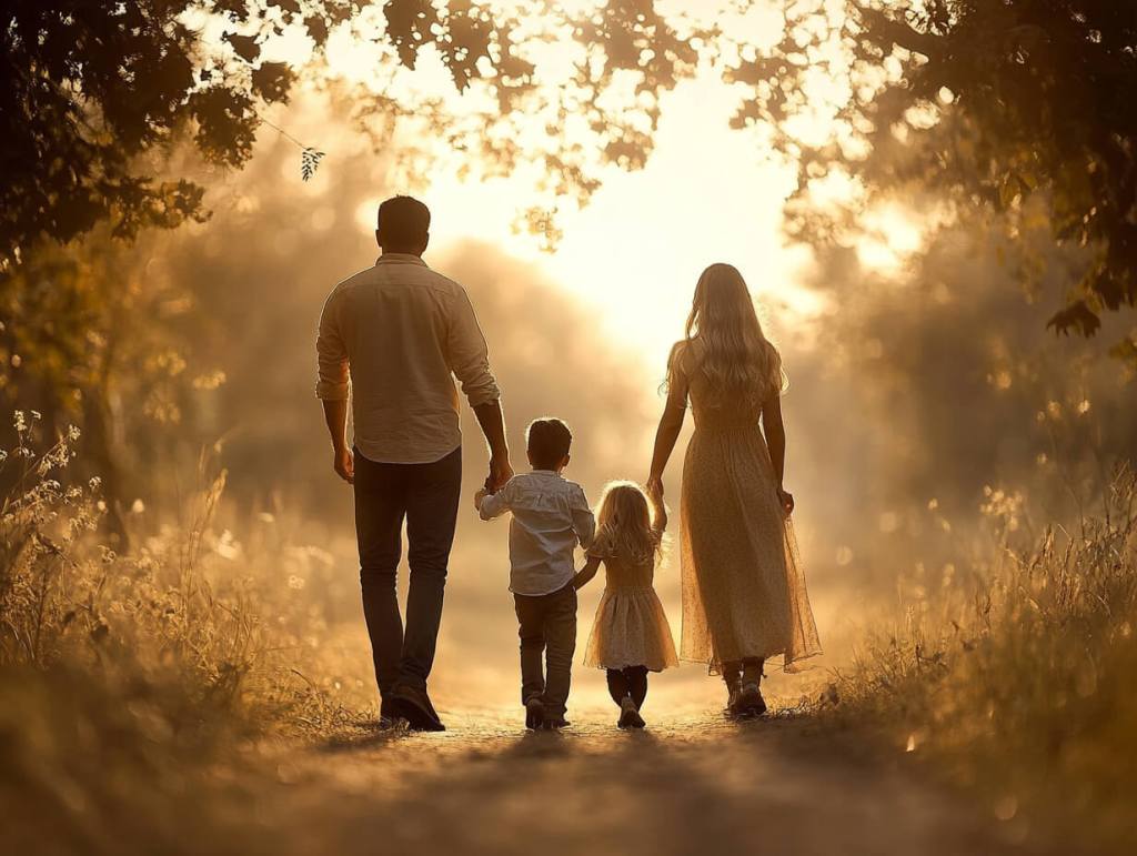 Una familia con niños de paseo por el campo