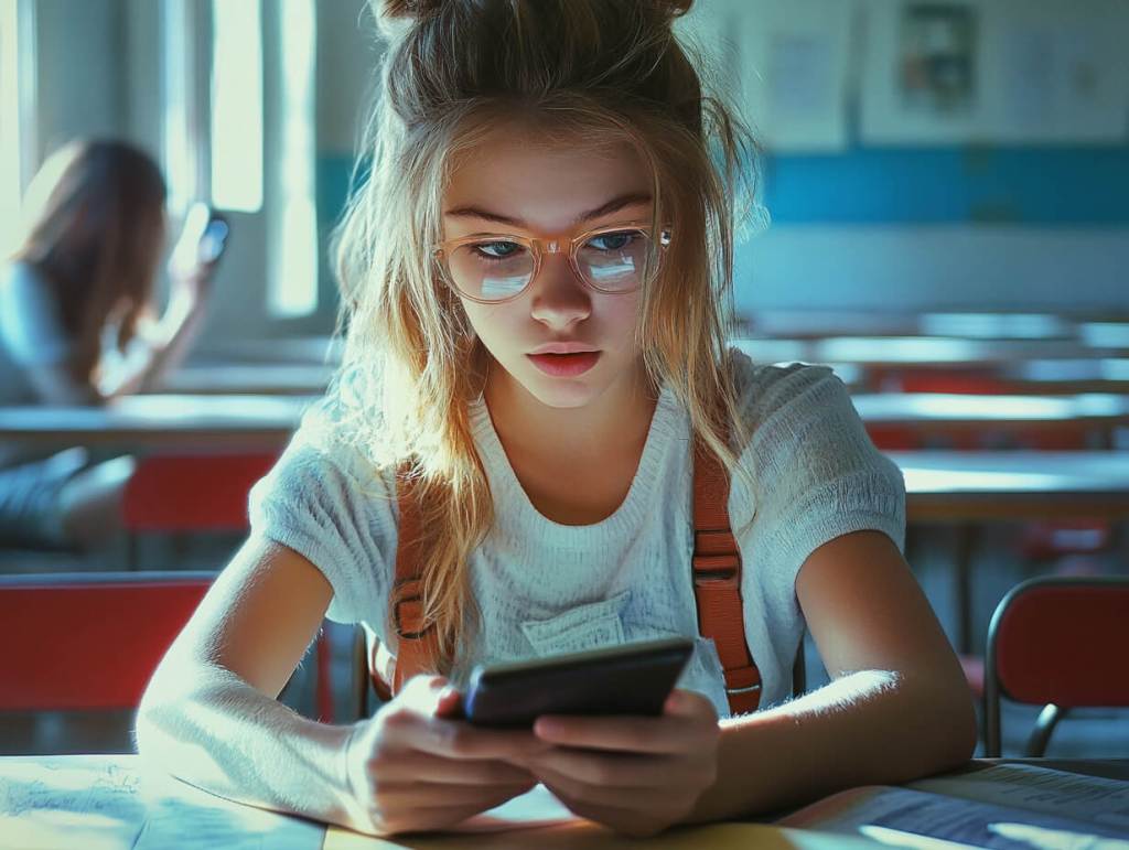 Una joven mira el teléfono móvil en el aula