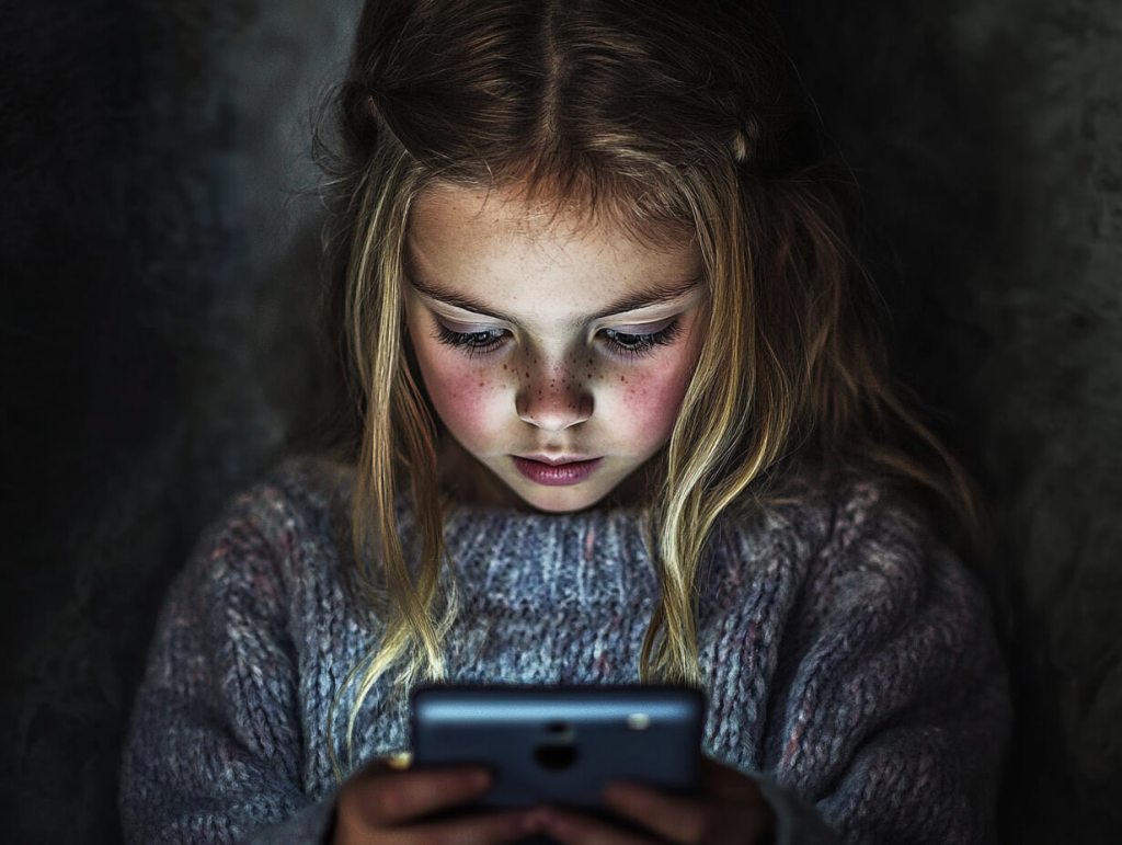 Una niña usando el teléfono móvil
