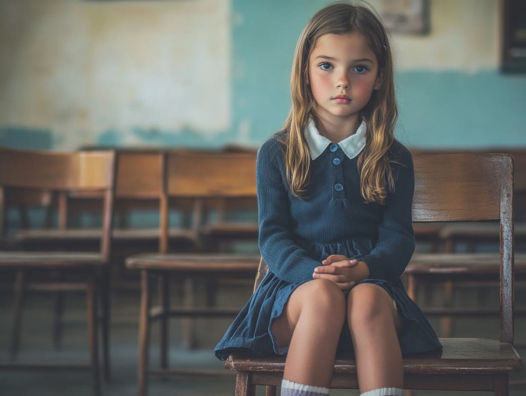 Una niña mira a la cámara sentada a solas en su clase