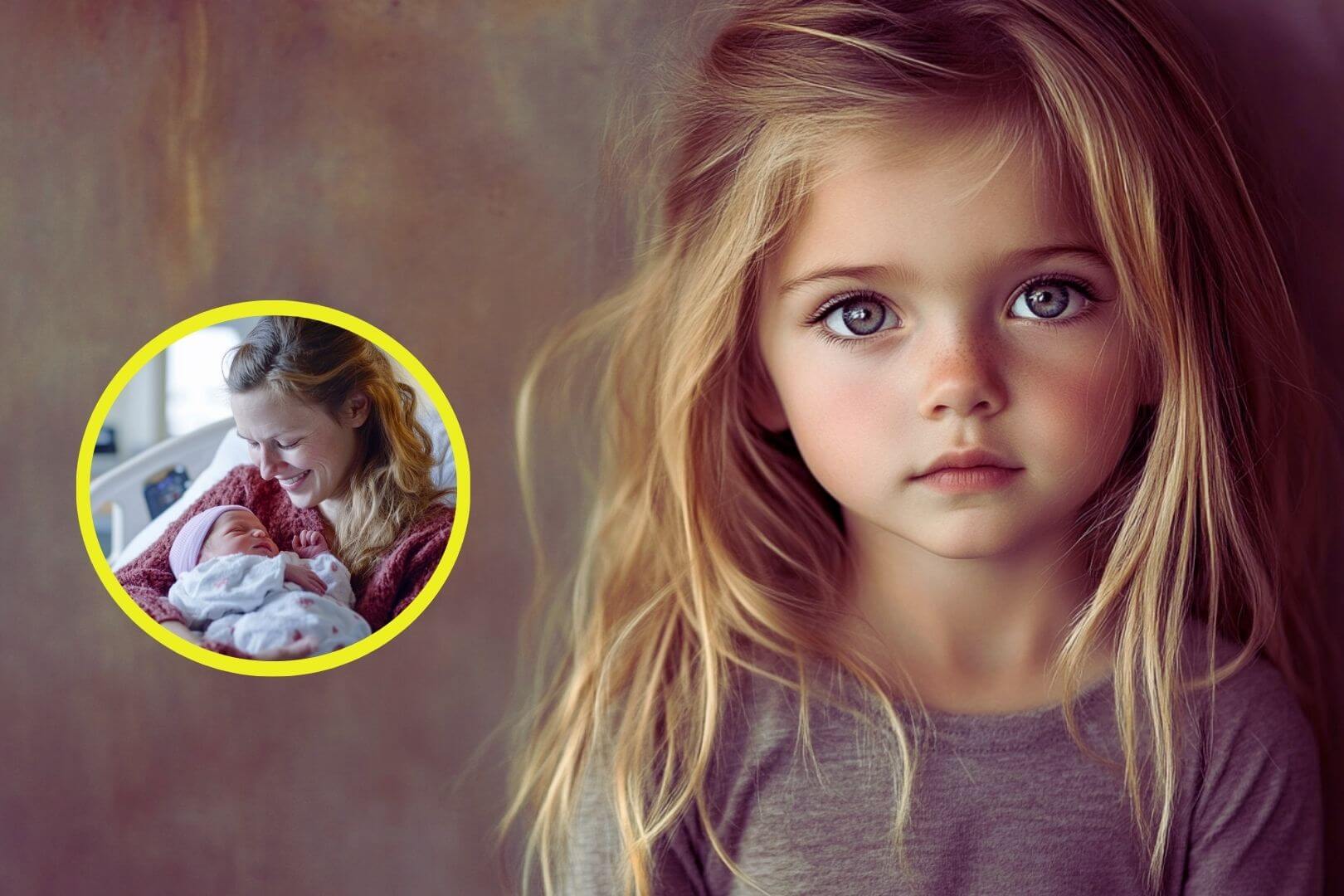 Una niña rubia de pelo largo. En detalle, una madre con su bebé recién nacido