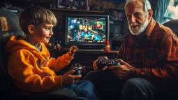abuelos y nietos jugando con videojuegos