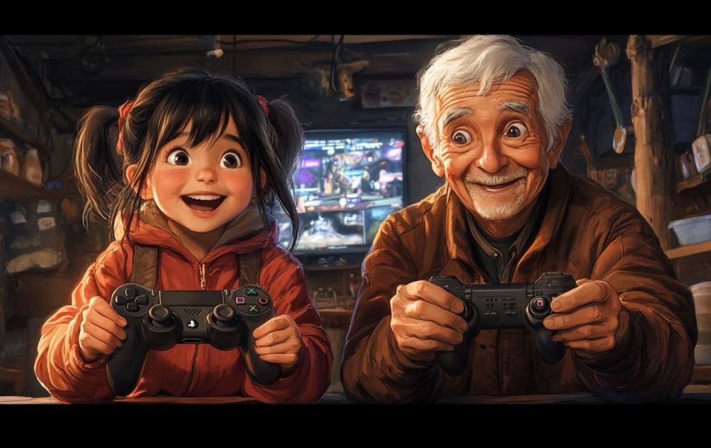 abuelos y nietos jugando con videojuegos