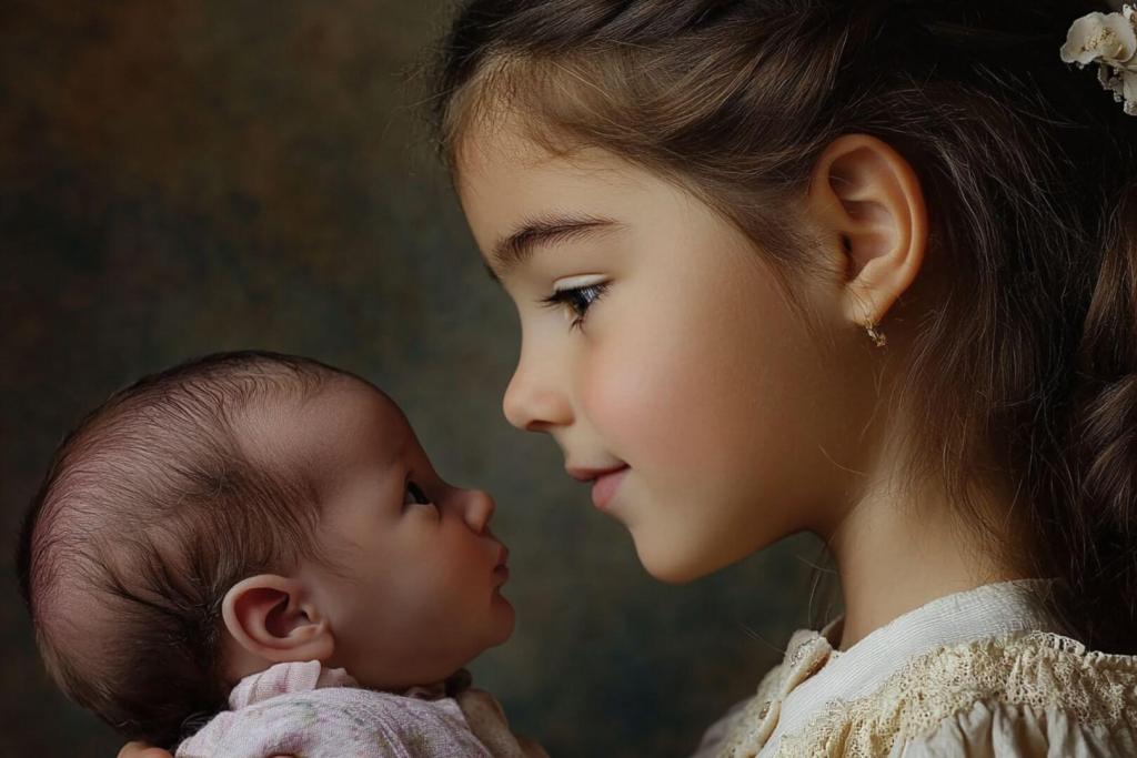 Una niña coge en brazos a su hermano recién nacido