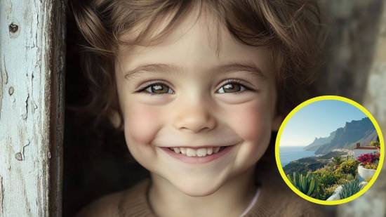 Un niño pequeño sonriente. Detalle, paisaje canario
